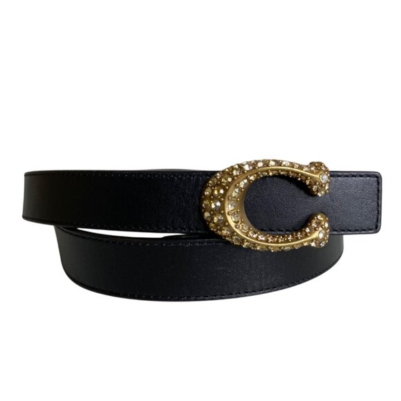 Coach Black Leather Reversible Belt W/ Gold Crystal C Buckle Womens Size L - Picture 1 of 5